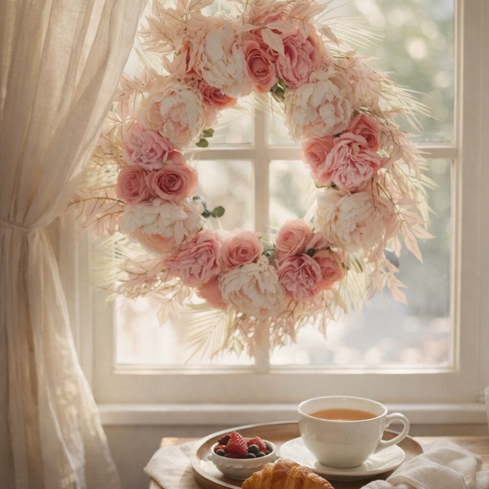 Whispy palm fronds beachy blooming tropical blush + coral grapevine wreath